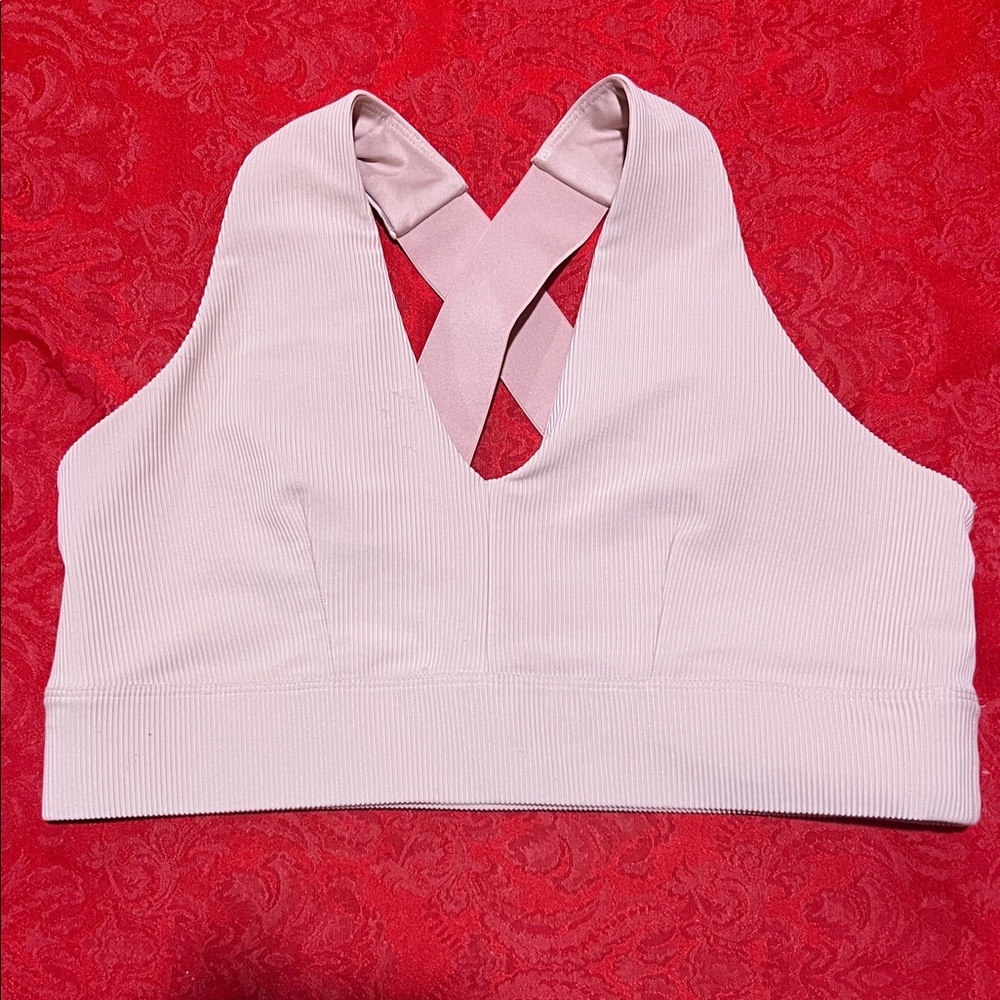 H&M Sport Ribbed Halter Sports Bra Pink Cross Back Large